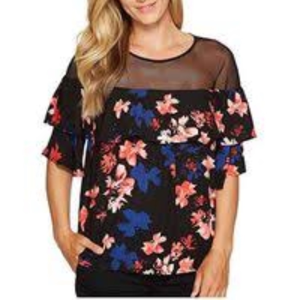 NWT Vince Camuto Black Floral Mesh Yoke Blouse